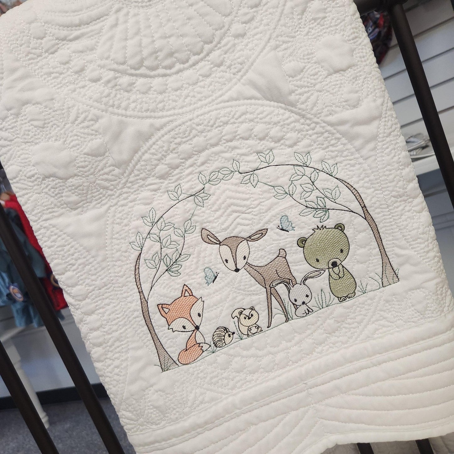 Heirloom Embroidered Quilt w/Forest Animals