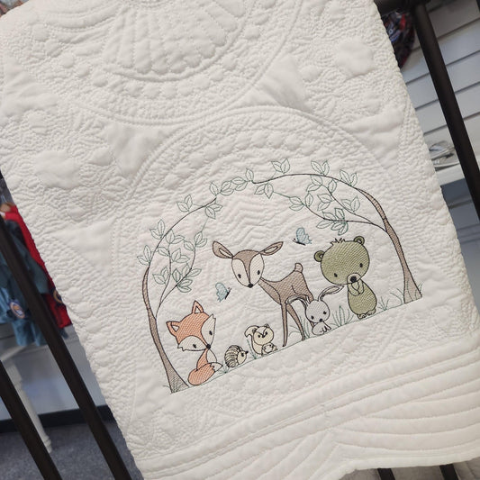 Heirloom Embroidered Quilt w/Forest Animals